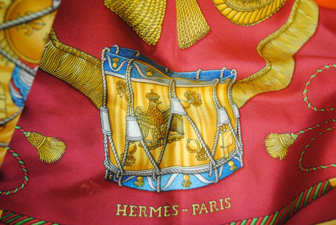 red and gold Hermes “Sous l’Égide de Mars” Silk Scarf (Vintage Red & Gold), Size: 90 cm x 90 cm (35.4” x 35.4”)