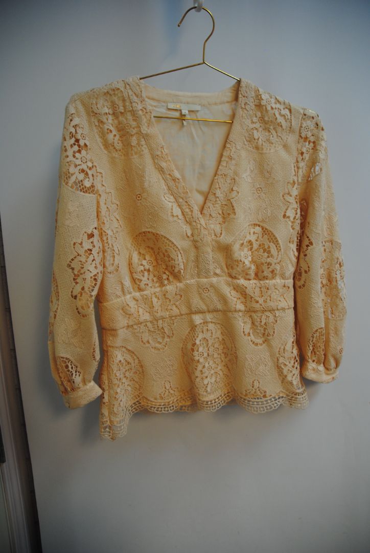 beige lace Maje Blush Guipure Lace Blouse – Romantic Cutwork Elegance, M