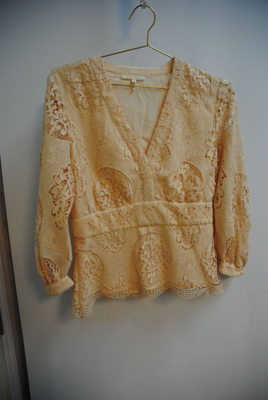 beige lace Maje Blush Guipure Lace Blouse – Romantic Cutwork Elegance, M