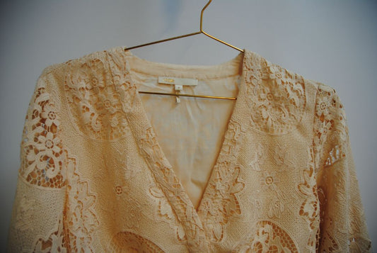 beige lace Maje Blush Guipure Lace Blouse – Romantic Cutwork Elegance, M