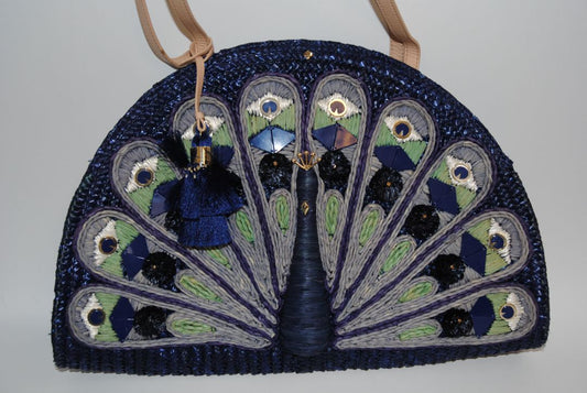 Indigo/Navy with multicolor embroidery (lavender, sage, ivory, cobalt) Kate Spade Rafia peacock satchel, Dimensions: Approx. 14” L × 11” H × 4.5” D