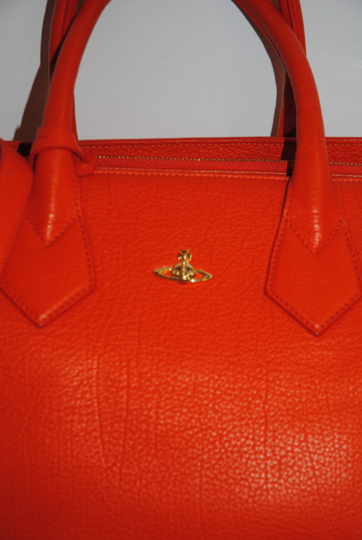 FLAME ORANGE Vivienne Westwood ORB EMBOSSED LEATHER TOTE, Dimensions: Approx. 14.5” L × 10” H × 6” D