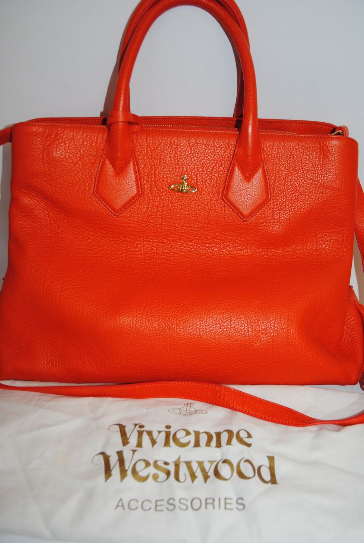 FLAME ORANGE Vivienne Westwood ORB EMBOSSED LEATHER TOTE, Dimensions: Approx. 14.5” L × 10” H × 6” D