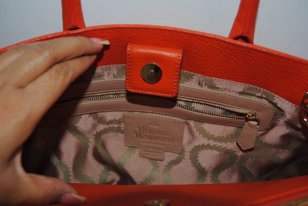 FLAME ORANGE Vivienne Westwood ORB EMBOSSED LEATHER TOTE, Dimensions: Approx. 14.5” L × 10” H × 6” D