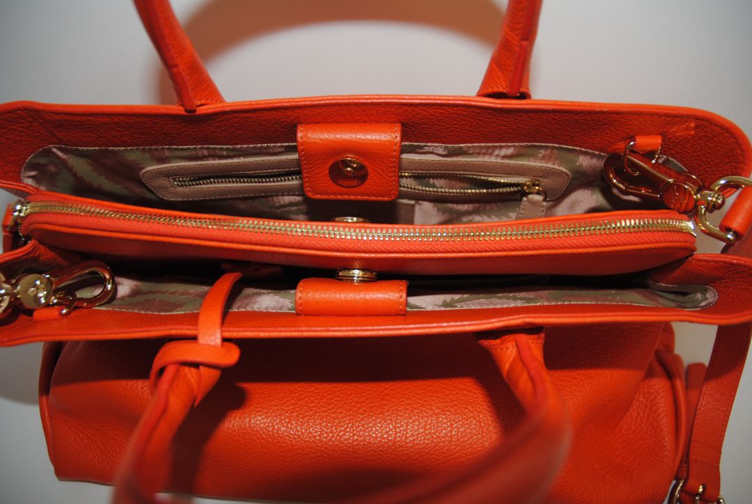 FLAME ORANGE Vivienne Westwood ORB EMBOSSED LEATHER TOTE, Dimensions: Approx. 14.5” L × 10” H × 6” D