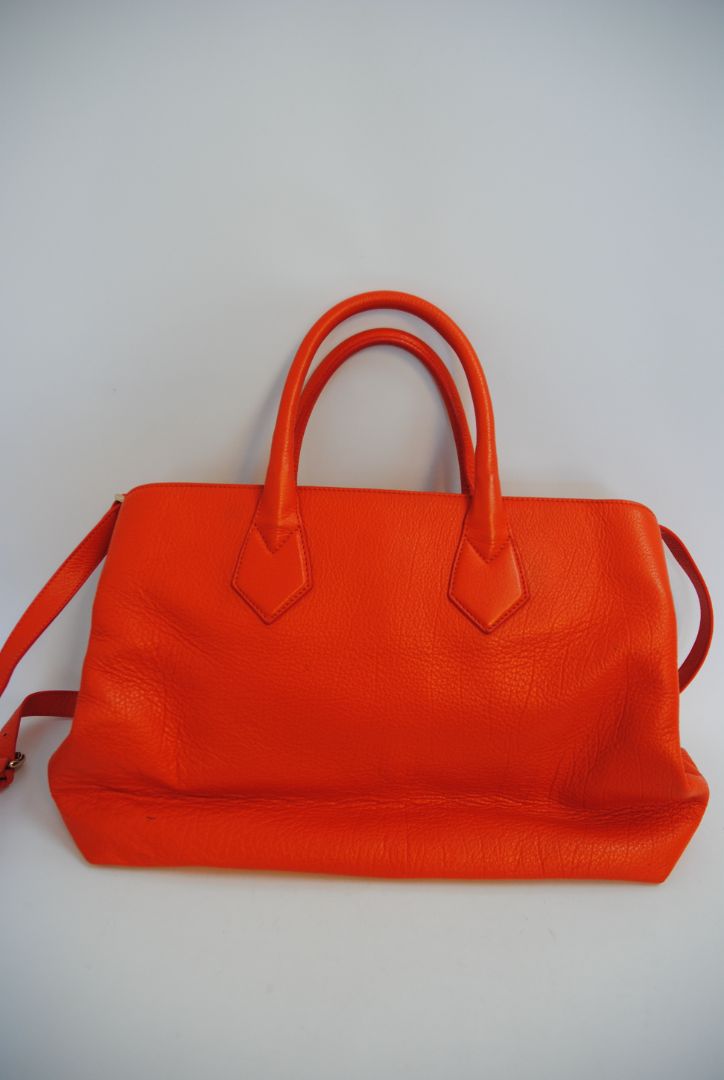 FLAME ORANGE Vivienne Westwood ORB EMBOSSED LEATHER TOTE, Dimensions: Approx. 14.5” L × 10” H × 6” D