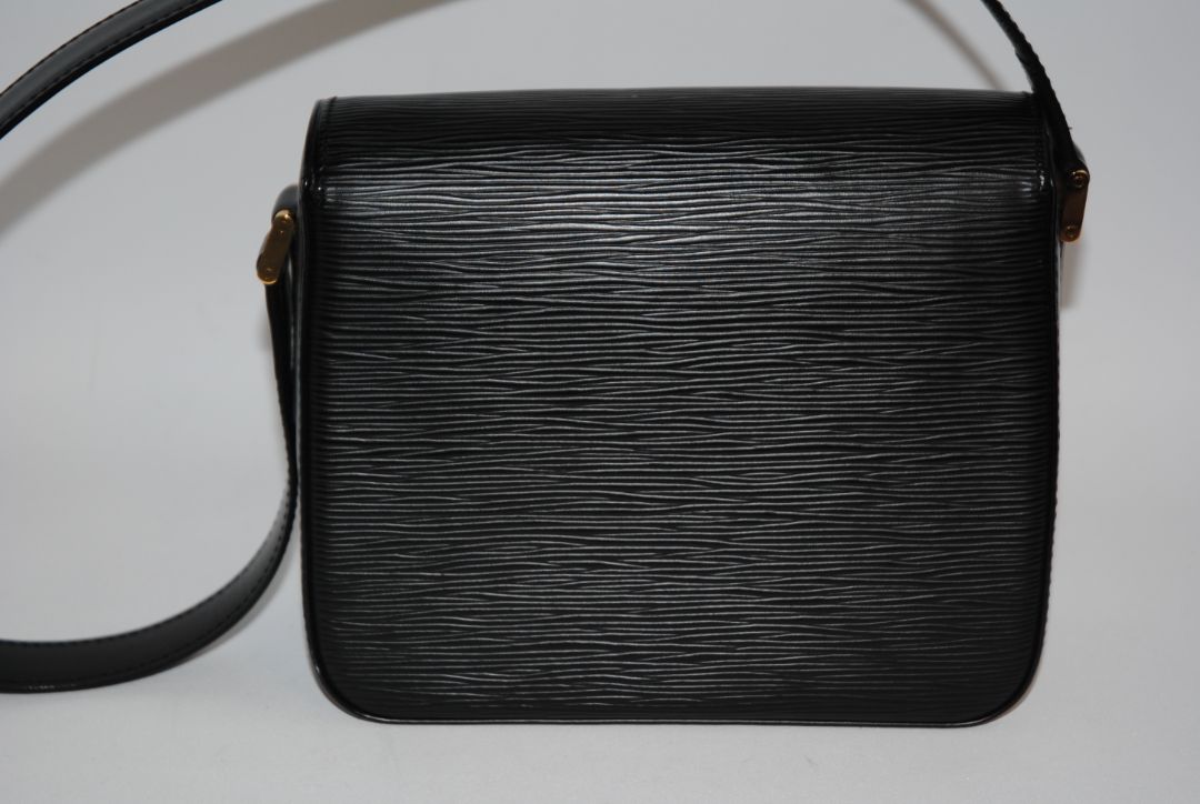 black Louis Vuitton Epi Leather shoulder  Bag, Dimensions (approx): 9” L x 7” H x 3” W (22.8cm x 17.8cm x 7.6cm) Strap Drop: 18” adjustable (45.7cm)