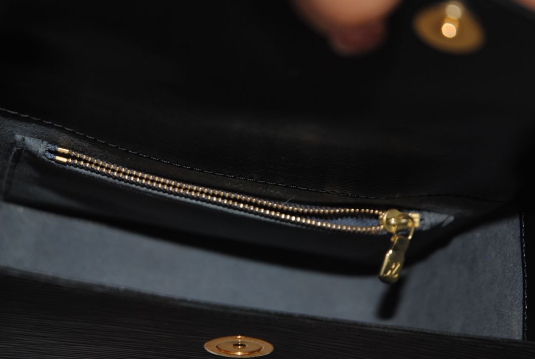 black Louis Vuitton Epi Leather shoulder  Bag, Dimensions (approx): 9” L x 7” H x 3” W (22.8cm x 17.8cm x 7.6cm) Strap Drop: 18” adjustable (45.7cm)