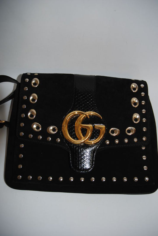 black suede Gucci Marmont Studded Suede & Python Crossbody Bag, Dimensions (approx): 10” L x 8” H x 3.5” W (25.4cm x 20.3cm x 9cm) Strap Drop: Adjustable, 18”–21” (45.7cm–53.3cm)