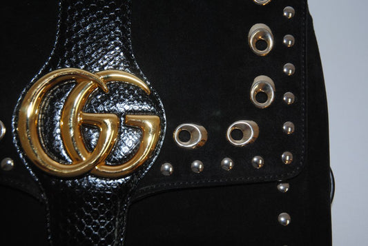 black suede Gucci Marmont Studded Suede & Python Crossbody Bag, Dimensions (approx): 10” L x 8” H x 3.5” W (25.4cm x 20.3cm x 9cm) Strap Drop: Adjustable, 18”–21” (45.7cm–53.3cm)