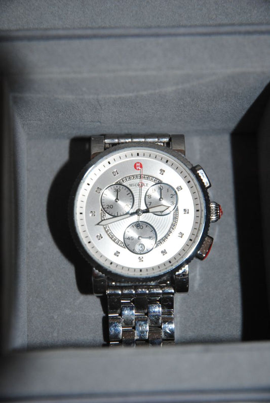stainless steel Michele Deco Diamond Chronograph Watch – Stainless Steel Bracelet, Case Dimensions: Approx. 33mm x 35mm Bracelet: Stainless steel, 18mm width