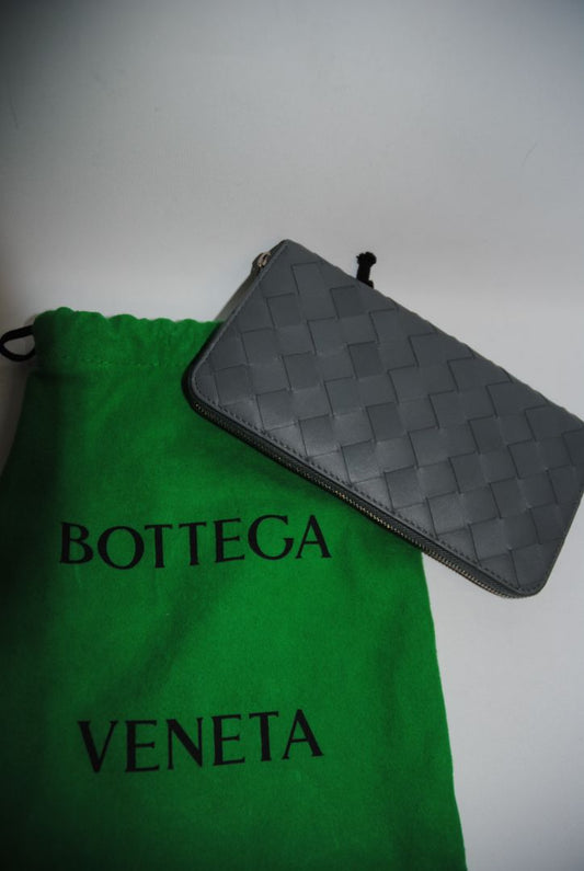 slate gray blue Bottega Veneta INTRECCIATO ZIP-AROUND WALLET – STEEL BLUE, Dimensions: Approx. 7.5” L × 4” H × 1” D