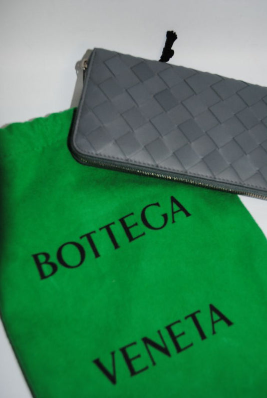 slate gray blue Bottega Veneta INTRECCIATO ZIP-AROUND WALLET – STEEL BLUE, Dimensions: Approx. 7.5” L × 4” H × 1” D