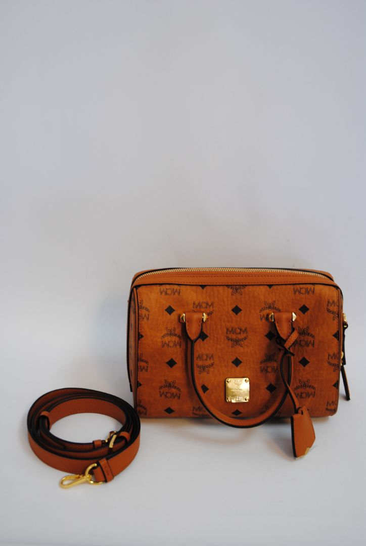 cognac MCM Essential Boston Bag – Medium, Length: 11.8 in (30 cm) Height: 7.5 in (19 cm) Depth: 6.7 in (17 cm) Handle Drop: 4 in (10 cm) Strap Drop: Adjustable up to 22 in (crossbody)