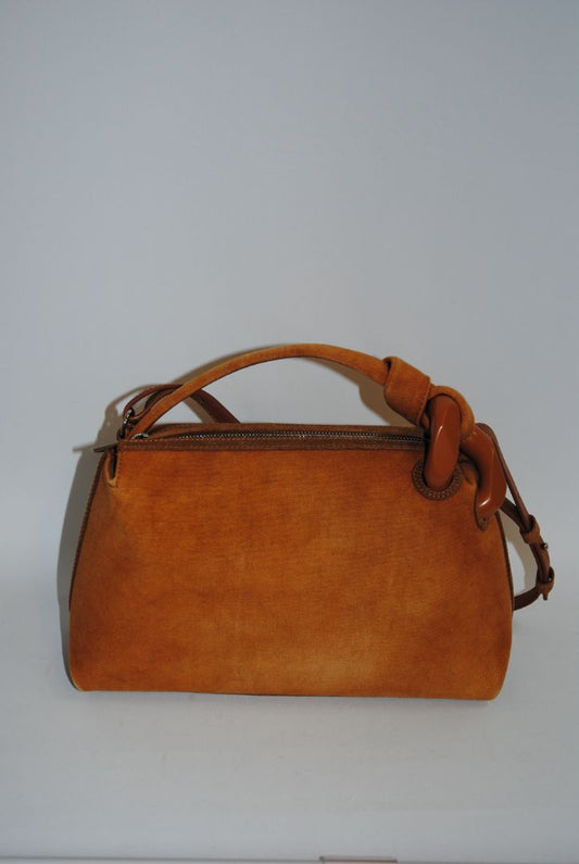 tan JW Anderson Canvas & Leather Top-Handle Crossbody Bag, Height: 7 in (18 cm) Width: 11 in (28 cm) Depth: 4 in (10 cm) Strap Drop: Adjustable, up to 21 in (53 cm)