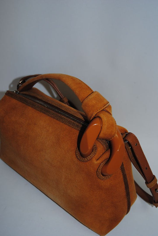 tan JW Anderson Canvas & Leather Top-Handle Crossbody Bag, Height: 7 in (18 cm) Width: 11 in (28 cm) Depth: 4 in (10 cm) Strap Drop: Adjustable, up to 21 in (53 cm)