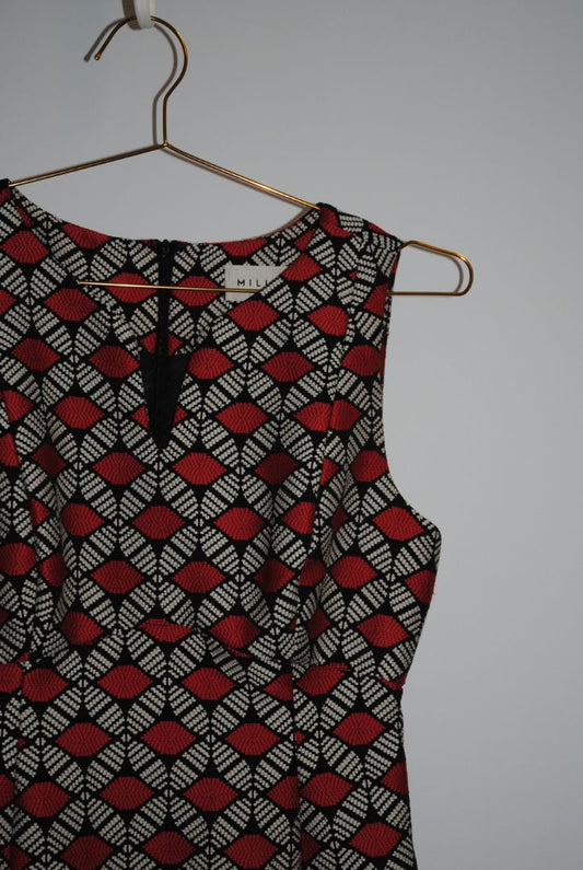 geometric black and red Milly sheath dress, 4s