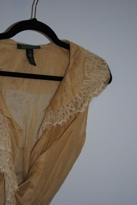 beige Ralph Lauren lace trim sheer top, S