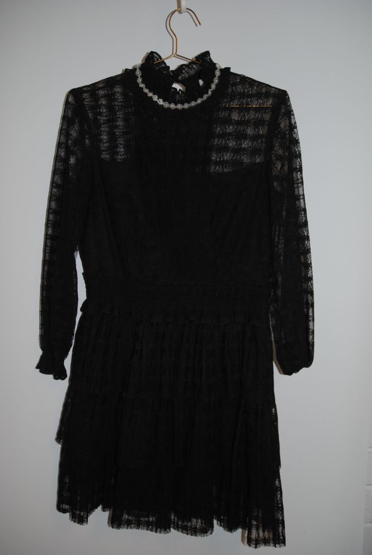 black Sandro lace tiered dress with sleeves and pearls, Dimensions / Fit: Knee-length (approx. 36–38”), fitted waist, high neck