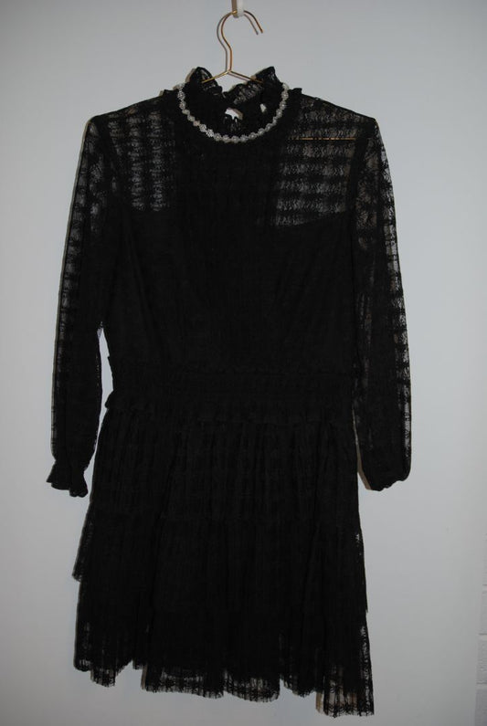 black Sandro lace tiered dress with sleeves and pearls, Dimensions / Fit: Knee-length (approx. 36–38”), fitted waist, high neck
