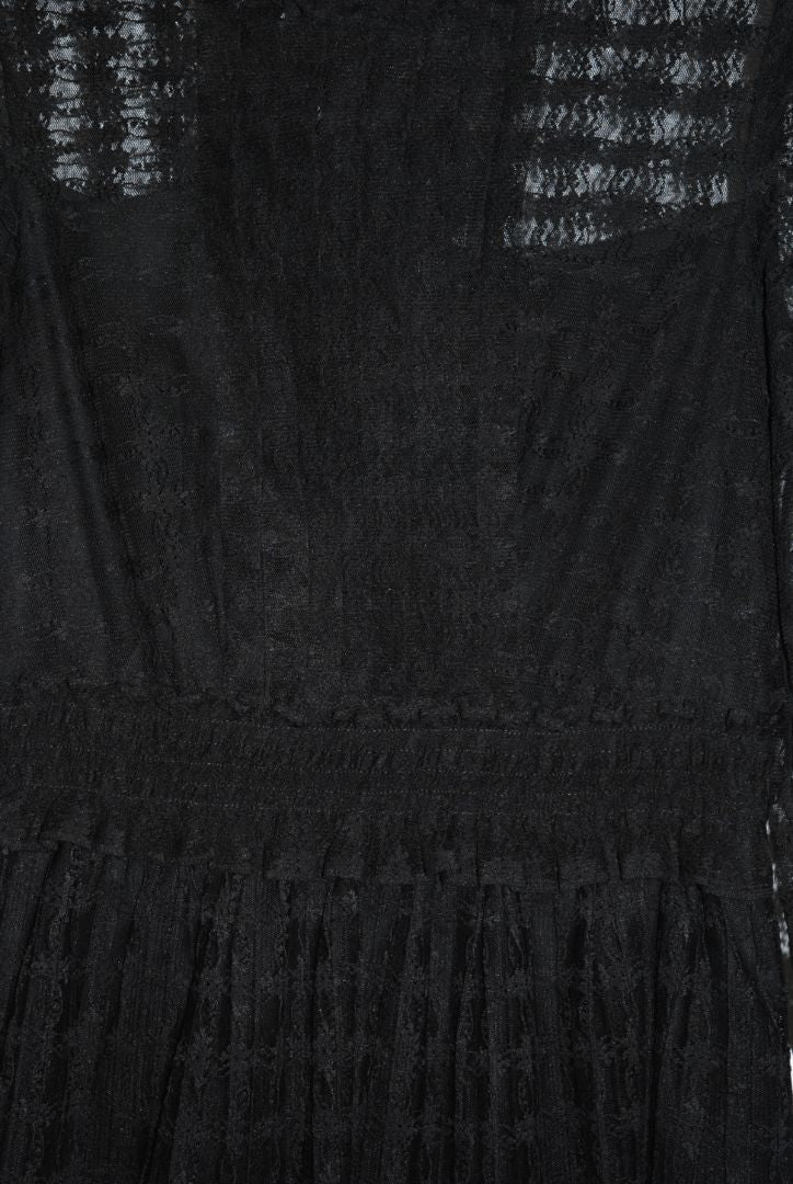 black Sandro lace tiered dress with sleeves and pearls, Dimensions / Fit: Knee-length (approx. 36–38”), fitted waist, high neck