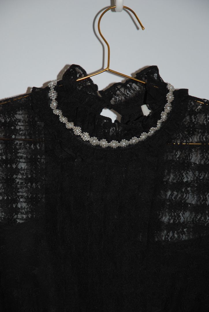 black Sandro lace tiered dress with sleeves and pearls, Dimensions / Fit: Knee-length (approx. 36–38”), fitted waist, high neck