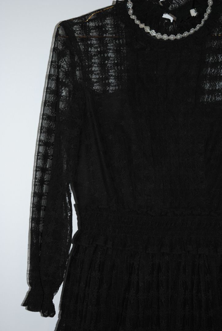 black Sandro lace tiered dress with sleeves and pearls, Dimensions / Fit: Knee-length (approx. 36–38”), fitted waist, high neck