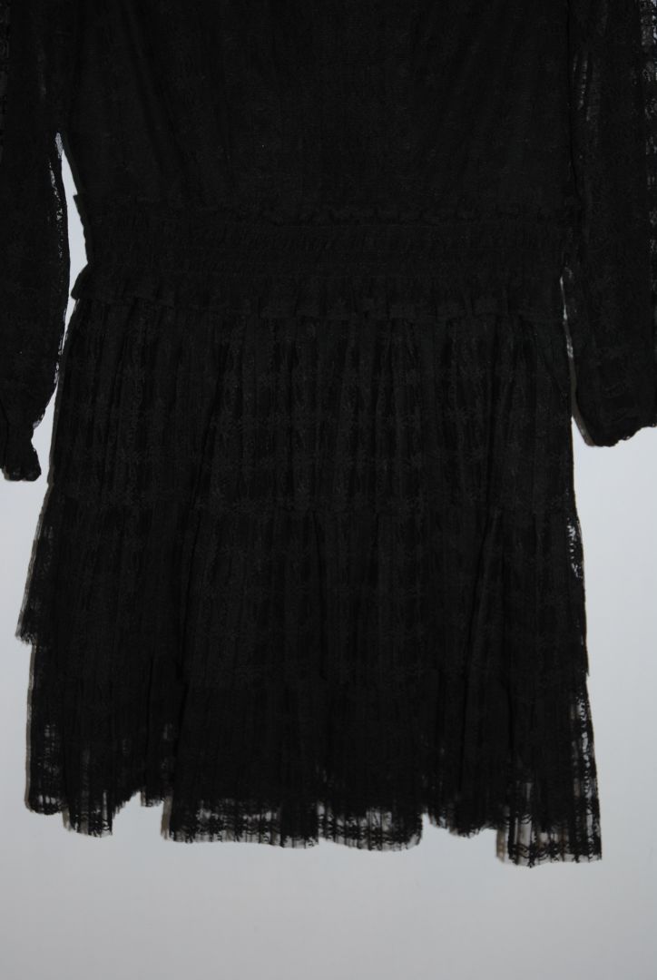 black Sandro lace tiered dress with sleeves and pearls, Dimensions / Fit: Knee-length (approx. 36–38”), fitted waist, high neck