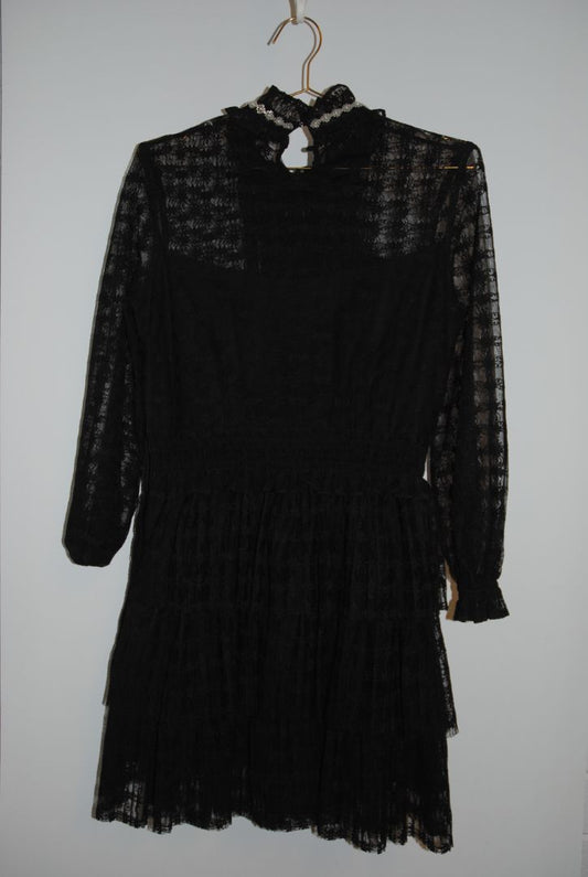black Sandro lace tiered dress with sleeves and pearls, Dimensions / Fit: Knee-length (approx. 36–38”), fitted waist, high neck
