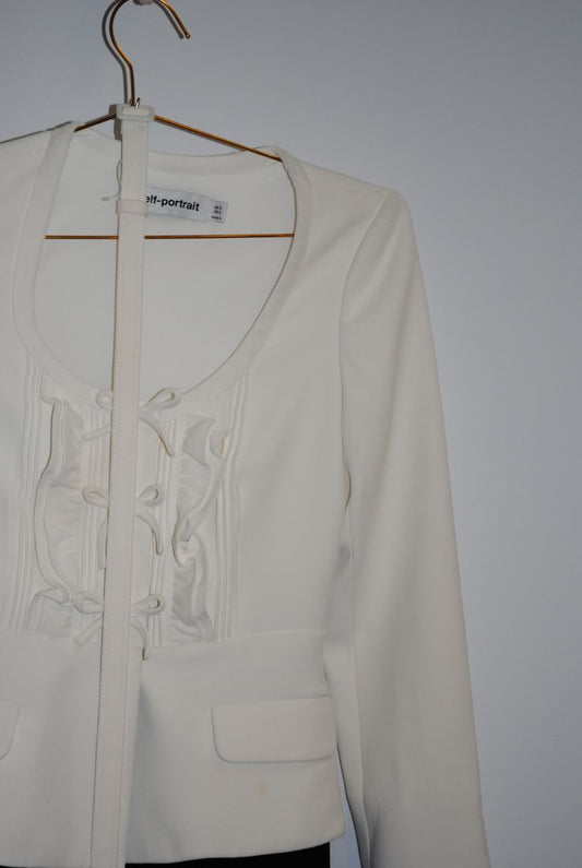 white and black Self-Portrait Tailored Jacket with Lace-Up Front Detail, US 2