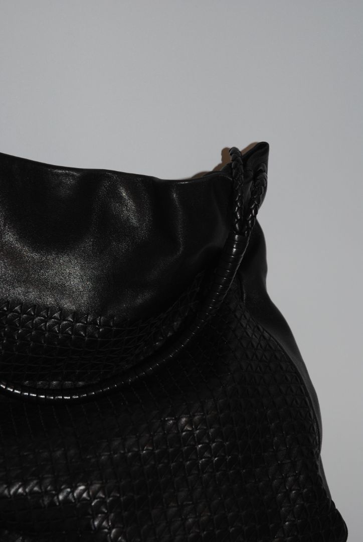 black Bottega Veneta Woven Embossed Leather Hobo Bag, Dimensions (approx): 20” L x 15” H x 7” D Handle Drop: 10” braided leather shoulder strap