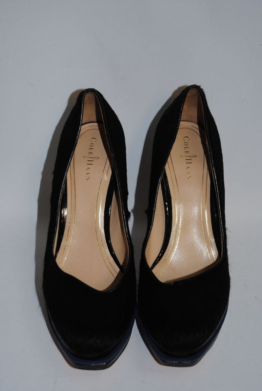 black Cole Haan haircalf leather pumps, Heel: ~4 in (10.2 cm) Platform: ~0.75 in (1.9 cm