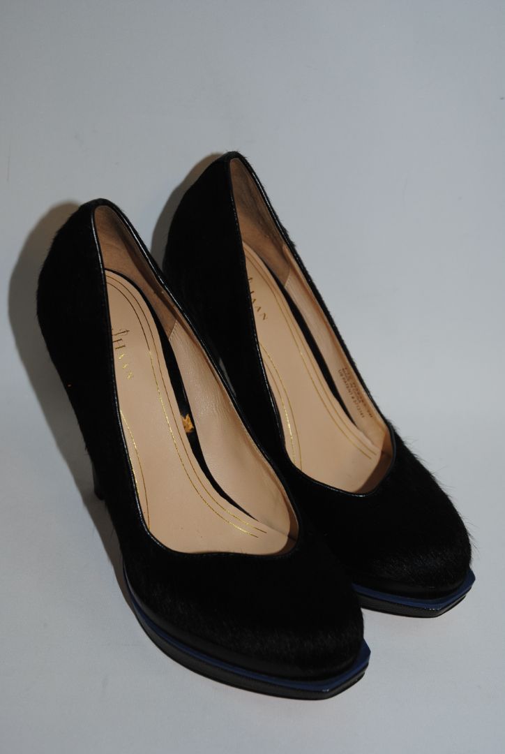 black Cole Haan haircalf leather pumps, Heel: ~4 in (10.2 cm) Platform: ~0.75 in (1.9 cm