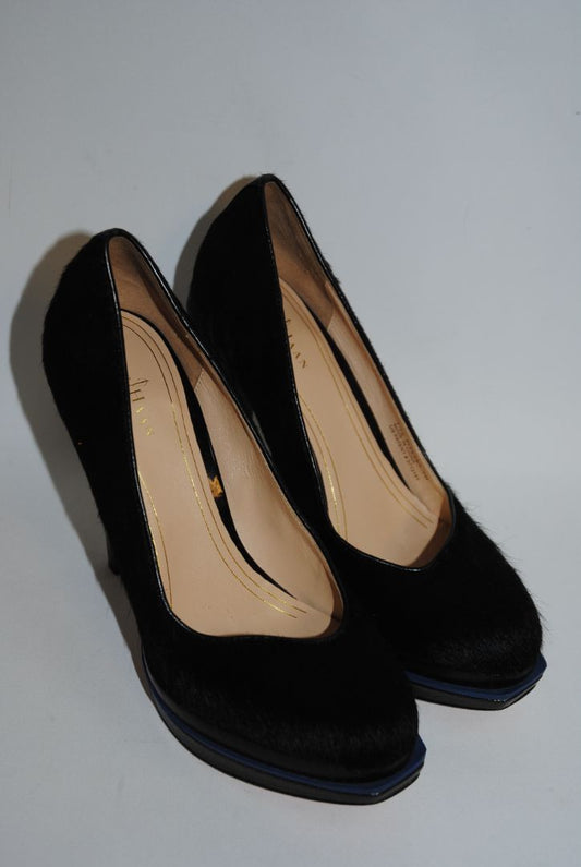 black Cole Haan haircalf leather pumps, Heel: ~4 in (10.2 cm) Platform: ~0.75 in (1.9 cm