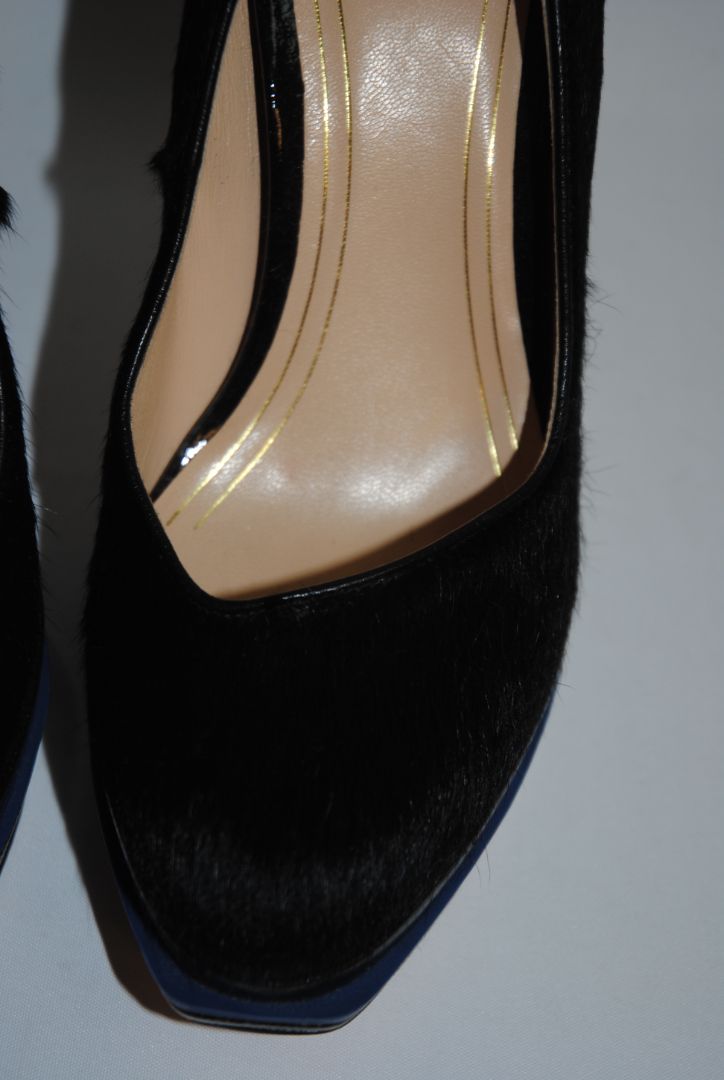 black Cole Haan haircalf leather pumps, Heel: ~4 in (10.2 cm) Platform: ~0.75 in (1.9 cm
