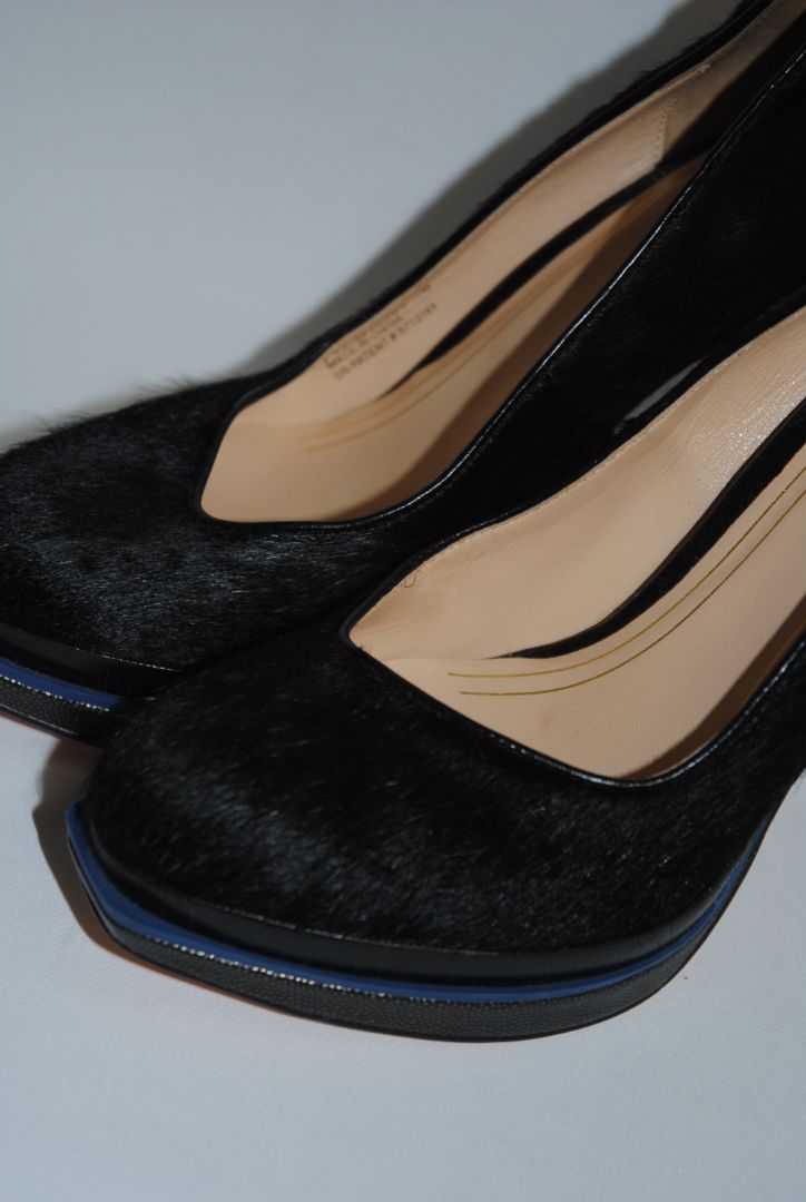 black Cole Haan haircalf leather pumps, Heel: ~4 in (10.2 cm) Platform: ~0.75 in (1.9 cm