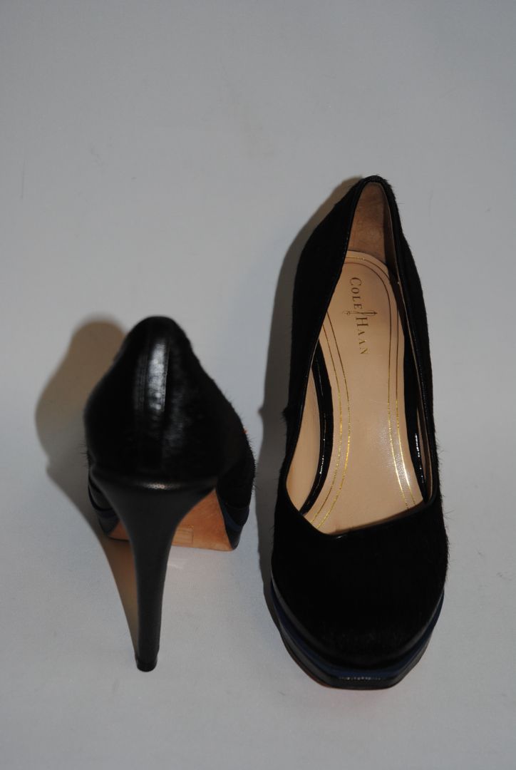 black Cole Haan haircalf leather pumps, Heel: ~4 in (10.2 cm) Platform: ~0.75 in (1.9 cm