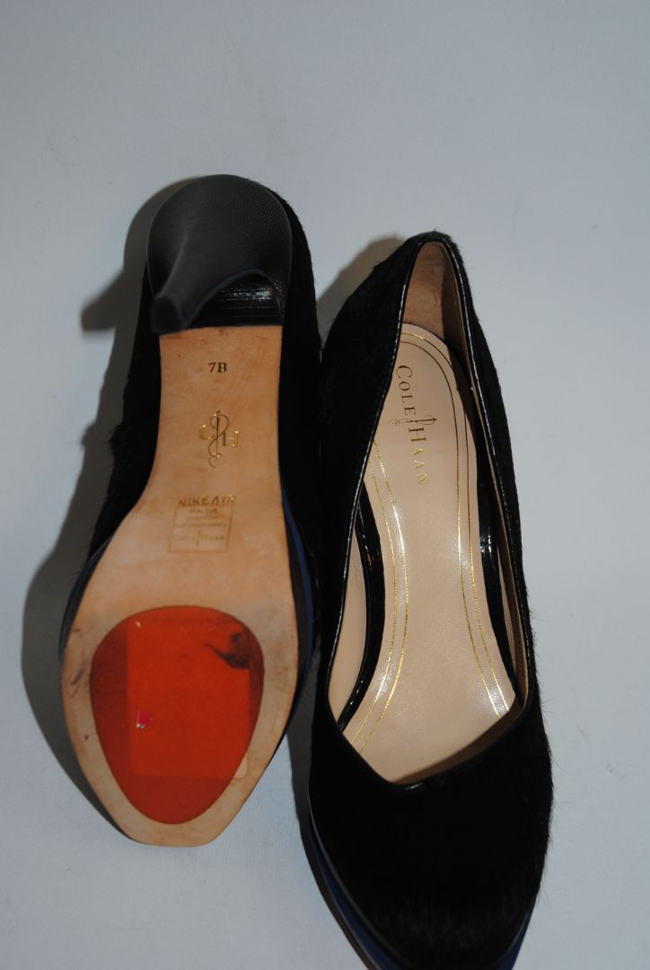 black Cole Haan haircalf leather pumps, Heel: ~4 in (10.2 cm) Platform: ~0.75 in (1.9 cm