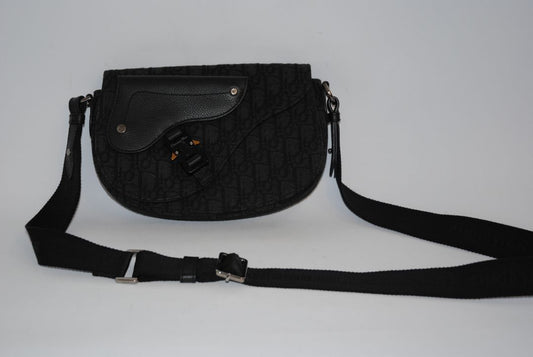 black Christian Dior Jacquard Saddle Bag with Leather Trim & Buckle Clasp, Approx. 9.5” W × 6.5” H × 2.5” D