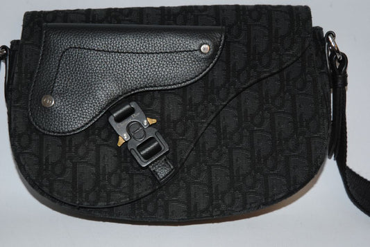 black Christian Dior Jacquard Saddle Bag with Leather Trim & Buckle Clasp, Approx. 9.5” W × 6.5” H × 2.5” D