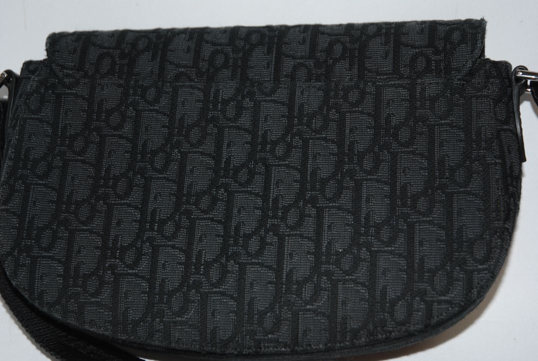 black Christian Dior Jacquard Saddle Bag with Leather Trim & Buckle Clasp, Approx. 9.5” W × 6.5” H × 2.5” D