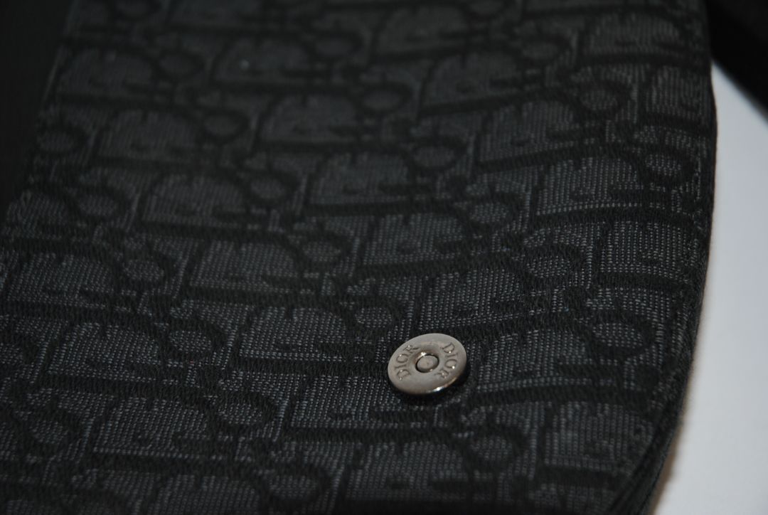 black Christian Dior Jacquard Saddle Bag with Leather Trim & Buckle Clasp, Approx. 9.5” W × 6.5” H × 2.5” D