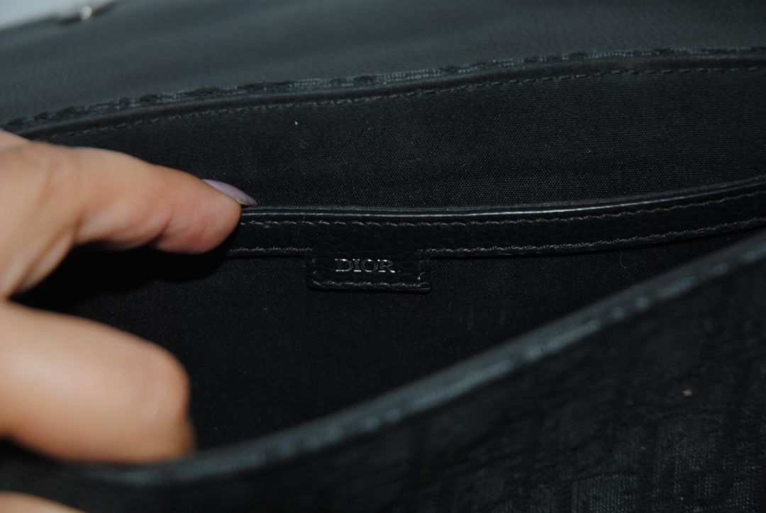 black Christian Dior Jacquard Saddle Bag with Leather Trim & Buckle Clasp, Approx. 9.5” W × 6.5” H × 2.5” D