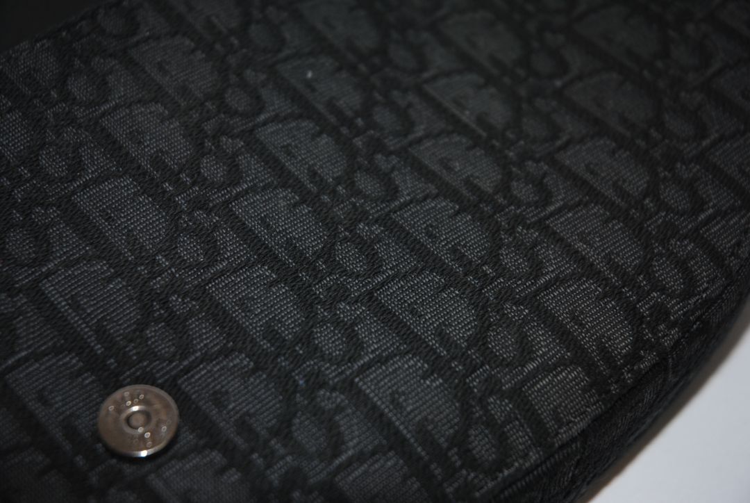 black Christian Dior Jacquard Saddle Bag with Leather Trim & Buckle Clasp, Approx. 9.5” W × 6.5” H × 2.5” D