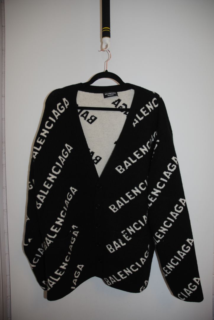 black and white Balenciaga Oversized Logo Intarsia Cardigan, L
