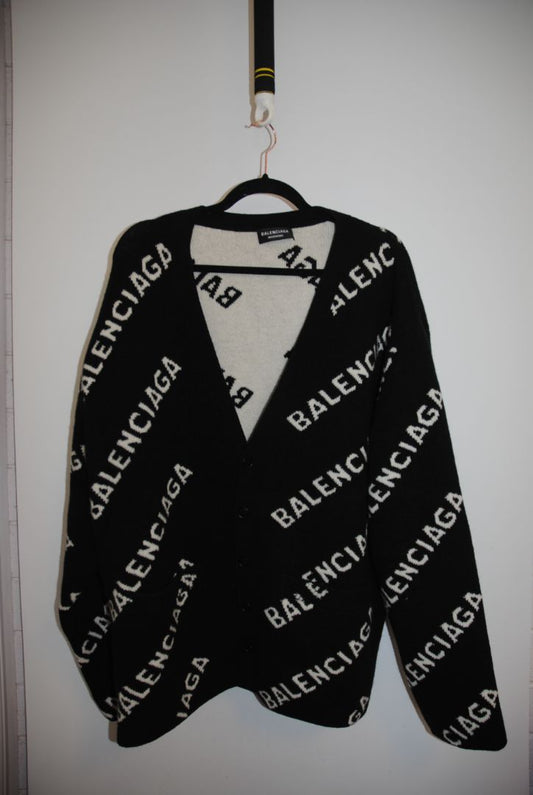 black and white Balenciaga Oversized Logo Intarsia Cardigan, L