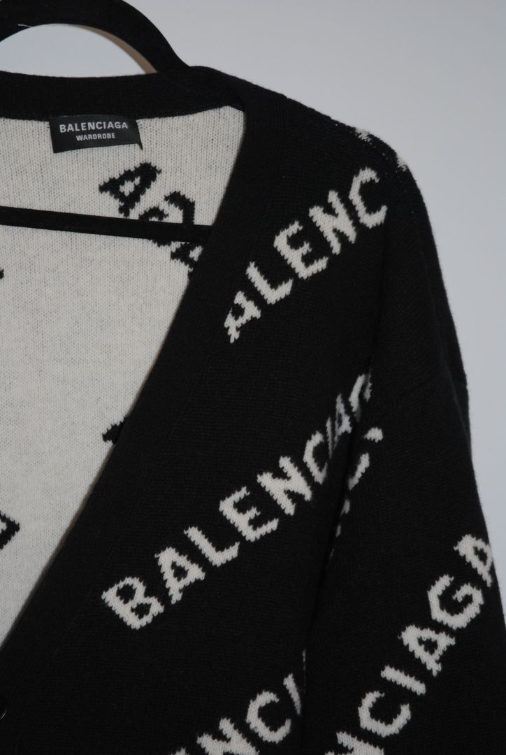 black and white Balenciaga Oversized Logo Intarsia Cardigan, L