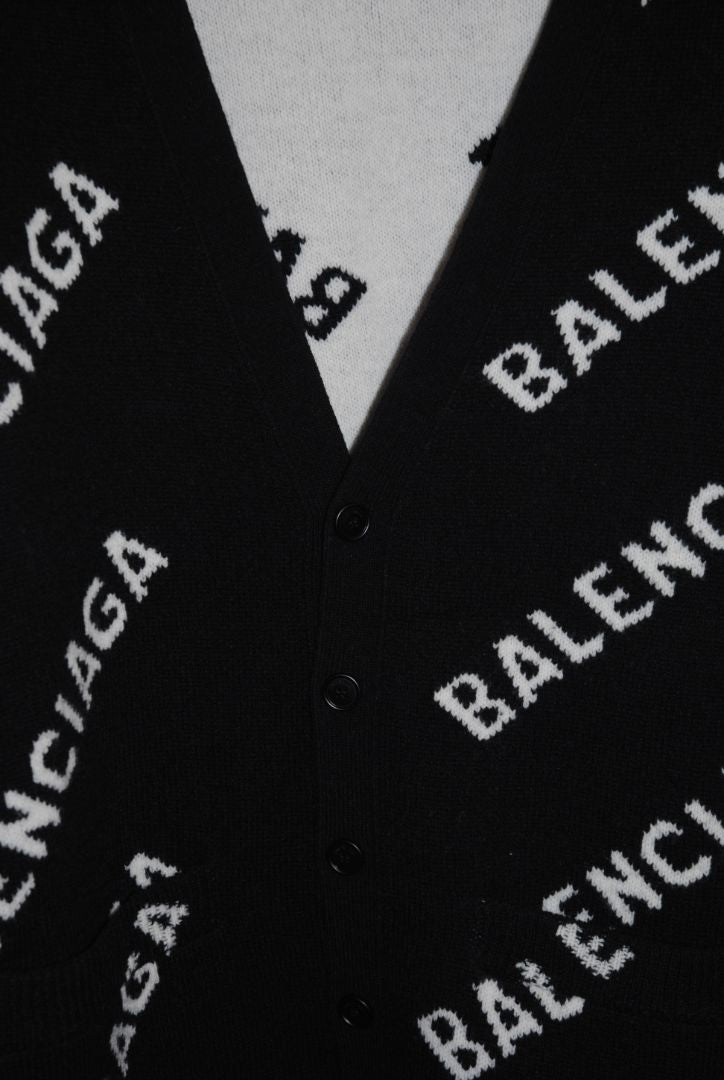 black and white Balenciaga Oversized Logo Intarsia Cardigan, L