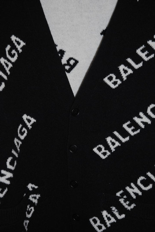 black and white Balenciaga Oversized Logo Intarsia Cardigan, L