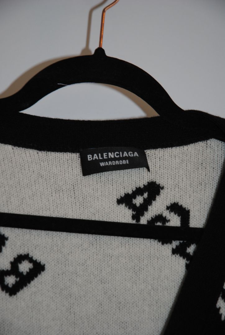 black and white Balenciaga Oversized Logo Intarsia Cardigan, L